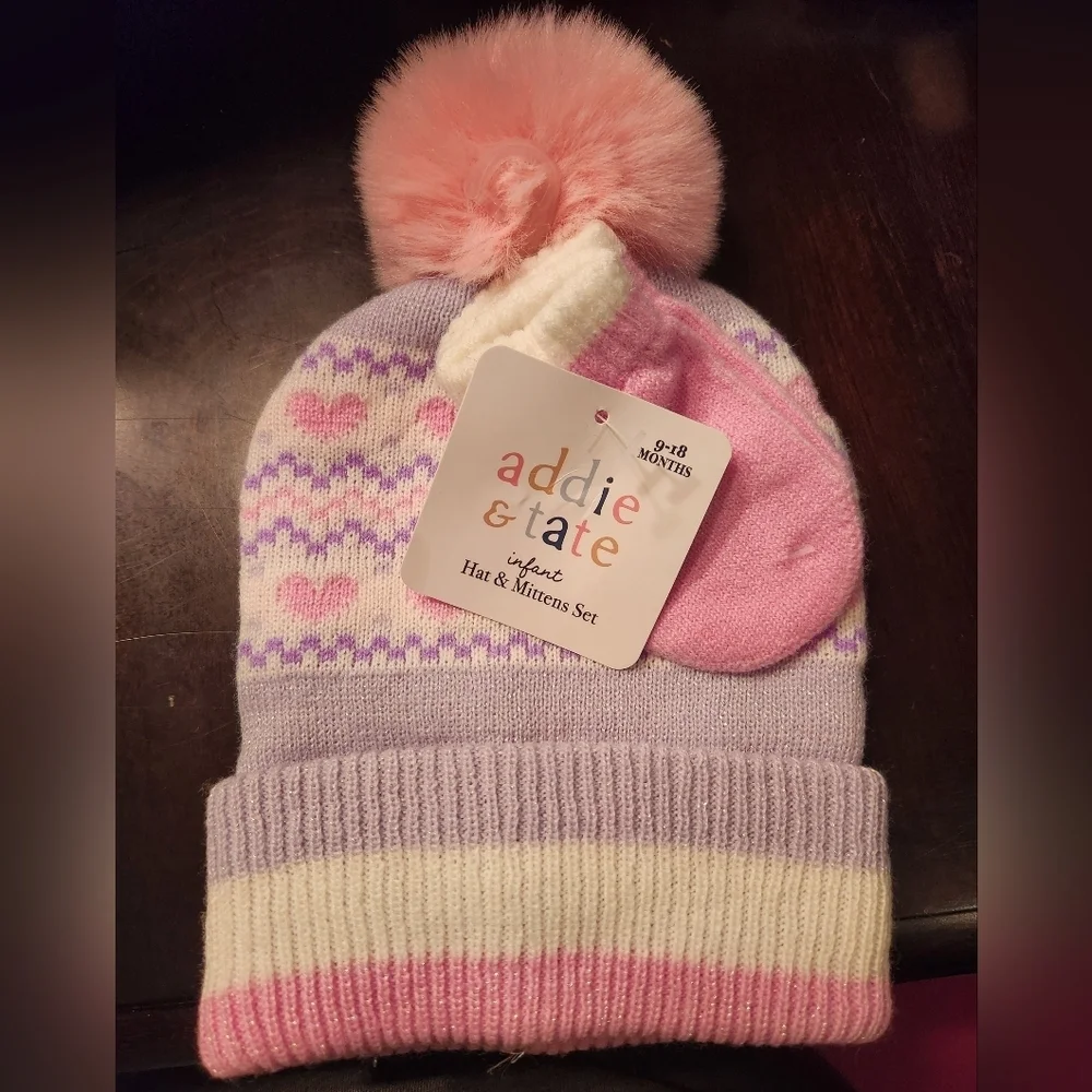 Pink and Purple Kids Hat & Mittens Set